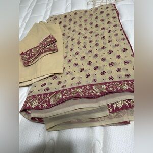 Chiffon Saree - Cream/Red